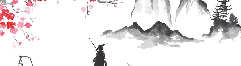 Asiatische Tuschezeichnung zeigt Fischer auf Boot, Berge, roten Sonnenkreis, Blütenzweige links und eine Pagode rechts. Harmonische Landschaft. Asiatische Tuschezeichnung zeigt Fischer auf Boot, Berge, roten Sonnenkreis, Blütenzweige links und eine Pagode rechts. Harmonische Landschaft.