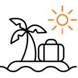 Die Grafik zeigt eine stilisierte Insel mit Palme, Koffer und orangefarbener Sonne, umgeben von Wellen. Die Palme und der Koffer sind in Schwarz gezeichnet. Icons Urlaub