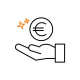 Ein Icon mit einer Hand, die ein Euro-Symbol hält, begleitet von zwei orangefarbenen Sternen. Dies symbolisiert finanzielle Belohnung, Einnahmen oder wirtschaftlichen Erfolg. Icon_Lehrstellen_Praemiensystem