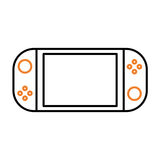 Ein Icon eines tragbaren Spielkonsolen-Controllers mit einem Bildschirm in der Mitte. Links und rechts sind Bedienelemente und Tasten in Orange. Icon_Lehrstellen_Nintendo_Switch