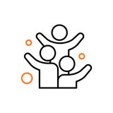 Ein einfaches Icon mit drei stilisierten Personen, die ihre Arme heben, umgeben von orangefarbenen Kreisen, was Freude oder Teamarbeit darstellen könnte. Icon_Lehrstellen_Motiviertes_Ausbildungsteam