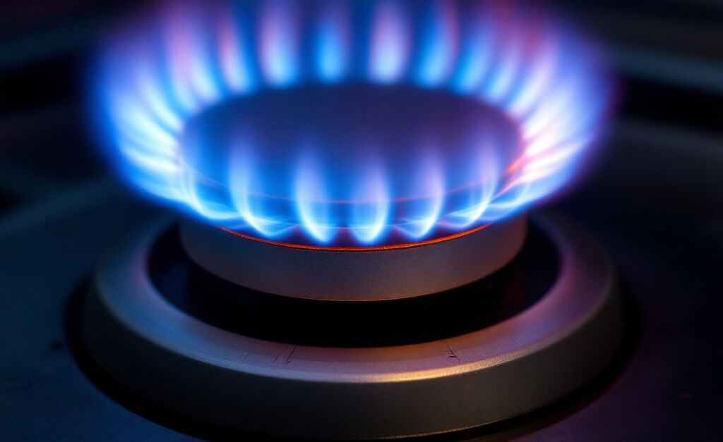Nahaufnahme einer Gasherdflamme, die in kräftigem Blau und leichtem Rot leuchtet. Nahaufnahme einer Gasherdflamme, die in kräftigem Blau und leichtem Rot leuchtet.