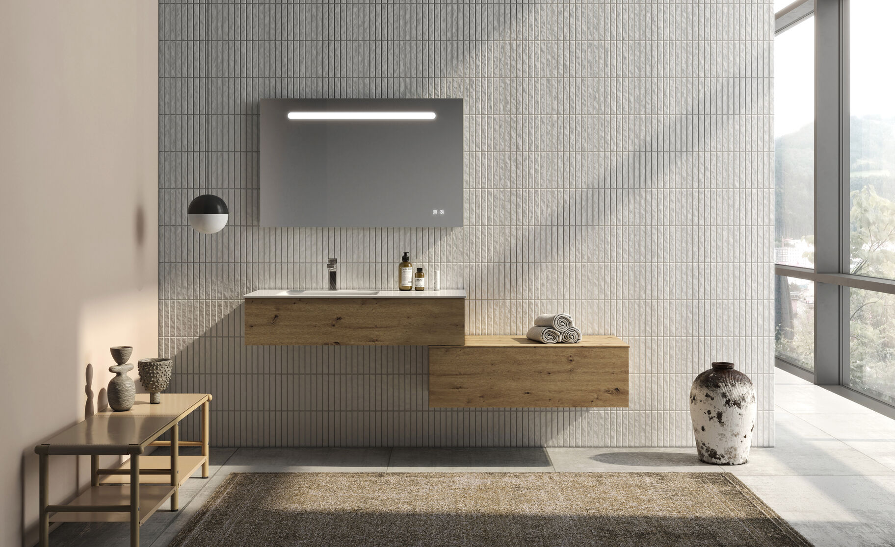 Modernes Badezimmer mit hölzernem Waschtisch, beleuchtetem Spiegel und minimalistischer Deko. Helle, offene Gestaltung mit großen Fenstern. Modernes Badezimmer mit hölzernem Waschtisch, beleuchtetem Spiegel und minimalistischer Deko. Helle, offene Gestaltung mit großen Fenstern.