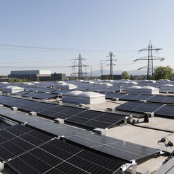 Auf einem großen Flachdach sind zahlreiche Solarpaneele installiert. Im Hintergrund sind Strommasten und ein Industriegebäude zu sehen. Auf einem großen Flachdach sind zahlreiche Solarpaneele installiert. Im Hintergrund sind Strommasten und ein Industriegebäude zu sehen.