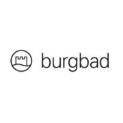 Logo mit einer stilisierten Burg in einem Kreis links und dem Schriftzug "burgbad" rechts, alles in Schwarz auf transparentem Hintergrund. Burgbad Logo