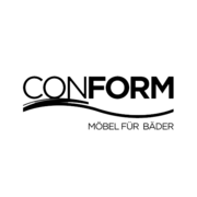 "CONFORM" in Großbuchstaben, mit geschwungenen Linien darunter. Darunter steht "MÖBEL FÜR BÄDER". Conform Logo