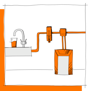 Das Bild zeigt eine schematische Darstellung eines Wasserfiltersystems mit einem Wasserhahn und einem angeschlossenen Filtergerät.