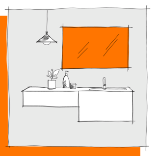 Die Illustration zeigt ein Badezimmer mit einem Waschbecken, einem orangefarbenen Spiegel und einer Hängelampe. Auf der Ablage stehen Pflanzen und Badutensilien. Illustration Spiegelschrank