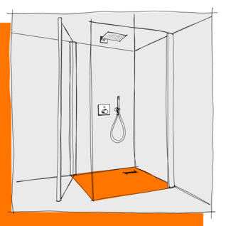 Die Illustration zeigt eine moderne Dusche mit einer gläsernen Abtrennung und einem orangefarbenen Boden. Die Dusche hat einen Regenduschkopf und eine Handbrause. IllustrationDusche-Brausetasse
