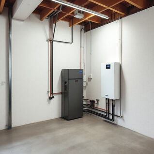 Ein moderner Heizraum mit einem grauen Kessel und einem weißen Wandgerät, verbunden durch Rohre an der Wand. Heizrauminstallation