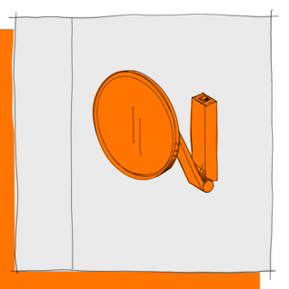 Die Illustration zeigt einen orangefarbenen, an der Wand montierten Vergrößerungsspiegel mit einem schwenkbaren Arm. Illustration Kosmetikspiegel