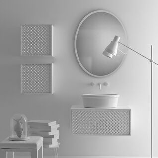 Modernes, monochromes Badezimmerdesign mit ovalem Spiegel, stilvollem Waschbecken und Stehlampe. Ein minimalistischer Look mit texturierten Akzenten. Modernes, monochromes Badezimmerdesign mit ovalem Spiegel, stilvollem Waschbecken und Stehlampe. Ein minimalistischer Look mit texturierten Akzenten.