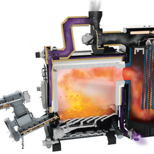 Ein Querschnitt einer Verbrennungsanlage von ETA. Es zeigt den Brennraum mit Flammen und die verschiedenen Kanäle und Leitungen für den Verbrennungsprozess. Die Mechanik der Anlage ist detailliert dargestellt. Inhaus HACK VR Schnitt ETA