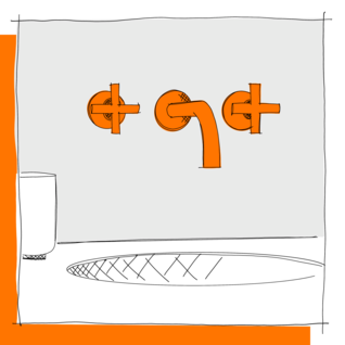 Die Illustration zeigt ein Waschbecken mit einem orangefarbenen Wasserhahn und zwei Drehknöpfen an der Wand. Links steht ein Becher. Illustration Waschtisch-Armaturen