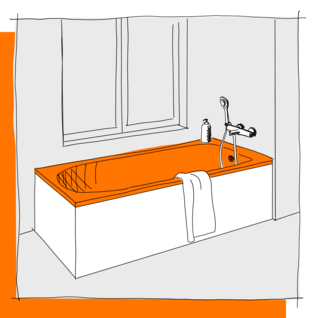 Eine Skizze zeigt eine Badewanne mit orangefarbenem Rand, Duschkopf, Shampoo und einem Handtuch. Im Hintergrund ist ein Fenster zu sehen. Illustration Badewanne