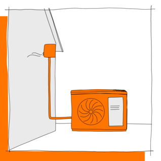 Die Skizze zeigt ein orangefarbenes Außengerät mit Ventilator, das über Leitungen mit einem Gebäude verbunden ist, eine Klimanalage.