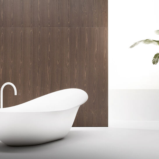 Minimalistisches Badezimmer mit eleganter, freistehender Badewanne vor einer dunklen Holzwand. Einfache, saubere Linien und eine Pflanze als natürlicher Akzent.