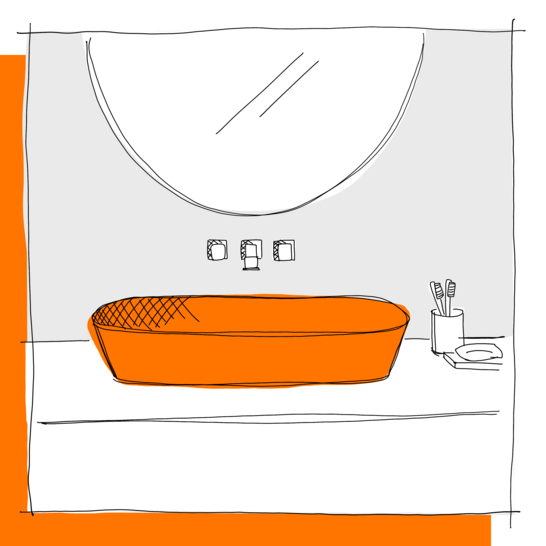 Ein modernes Badezimmer mit einem orangefarbenen, ovalen Waschbecken, einem großen runden Spiegel darüber und Zahnbürstenhalter sowie Seifenschale an der Seite. Illustration Aufsatzwaschtisch