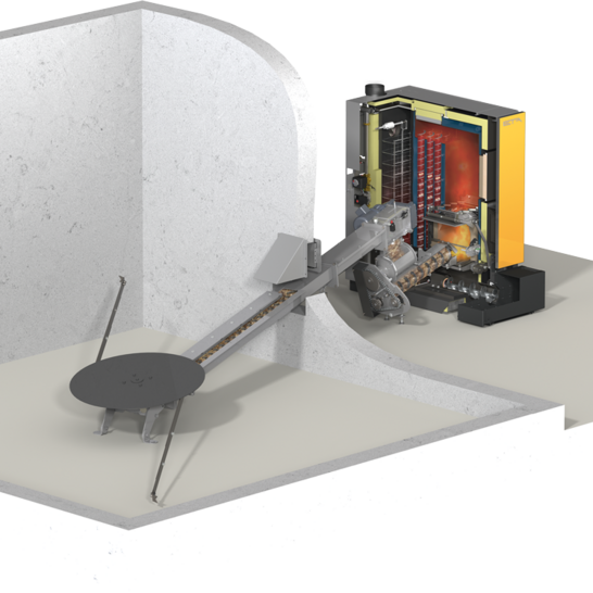 Das Bild zeigt eine schematische Darstellung eines Heizsystems mit einem Lagerraum und einem Austragungssystem, das Brennmaterial zu einem gelben Heizkessel führt. Inhaus eHACK Schnitt ETA