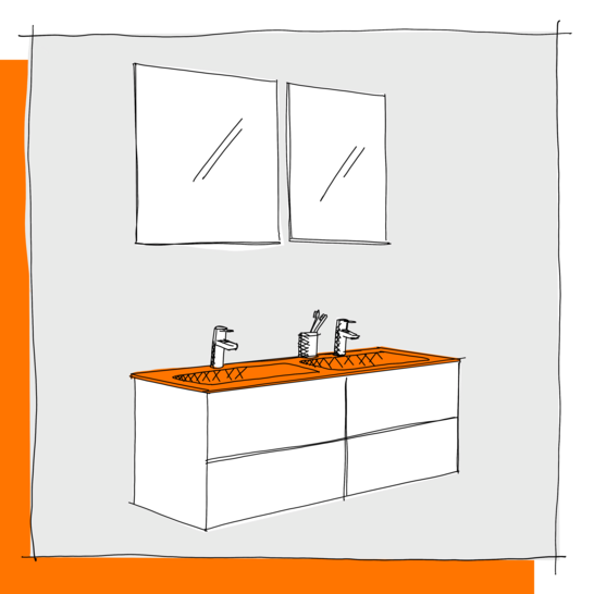 Die Illustration zeigt ein Doppelwaschbecken mit orangefarbener Oberfläche und zwei Wasserhähnen. Darüber hängen zwei quadratische Spiegel. Illustration Waschtisch-DoppelWaschtisch
