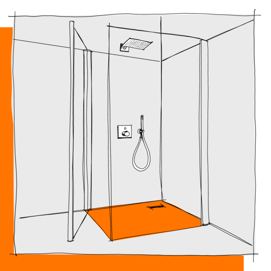 Die Illustration zeigt eine moderne Dusche mit einer gläsernen Abtrennung und einem orangefarbenen Boden. Die Dusche hat einen Regenduschkopf und eine Handbrause. IllustrationDusche-Brausetasse