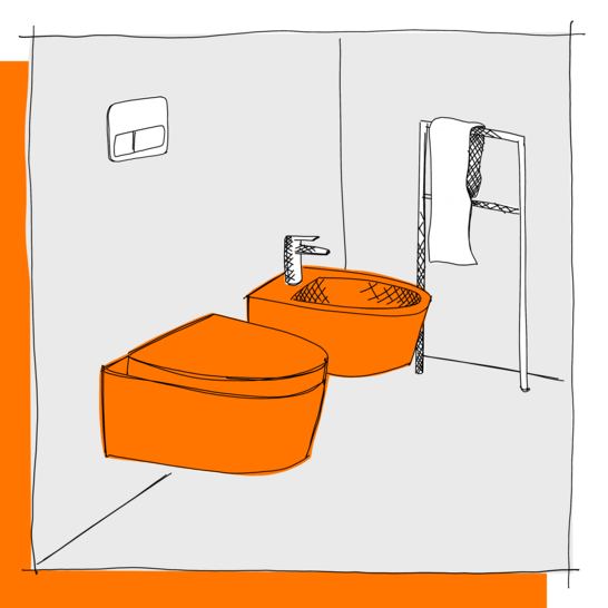 Die Illustration zeigt ein modernes Badezimmer mit einer wandmontierten Toilette und einem Bidet, beide in Orange. Ein Handtuchhalter steht daneben. Illustration WC _ Bidet-Wand oder Stand WC