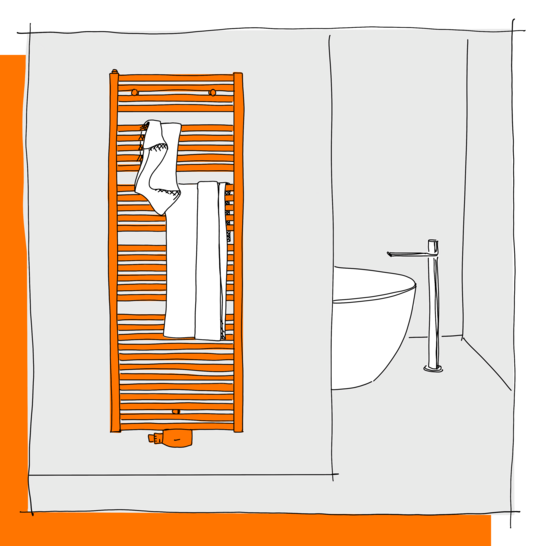 Eine Skizze eines Badezimmers mit einem orangefarbenen Handtuchheizkörper, an dem Handtücher hängen. Daneben ist ein Teil einer Badewanne und ein hoher Wasserhahn zu sehen. Illustration Badheizkörper