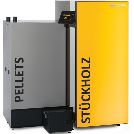 Das Bild zeigt ein Heizsystem, das sowohl mit Pellets als auch mit Stückholz betrieben werden kann. Es ist modern gestaltet und kombiniert Effizienz mit Flexibilität in der Brennstoffwahl. Stückholz und Pellets ETA