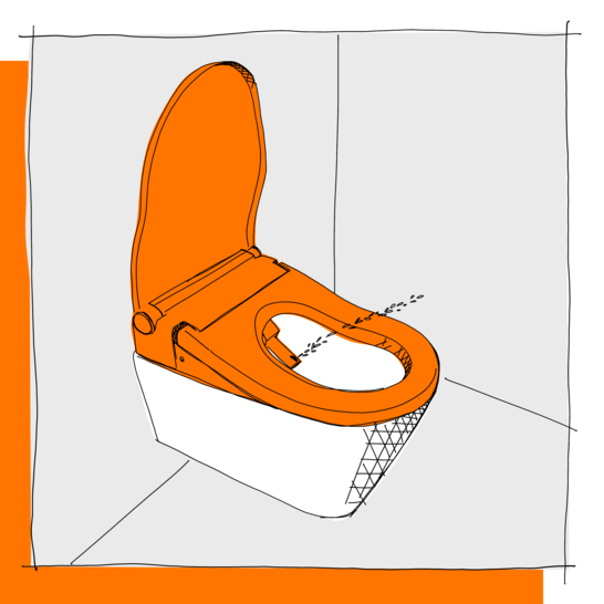 Die Illustration zeigt eine wandmontierte Dusch Toilette mit orangefarbenem Sitz und Deckel, betont durch Details einer Kachelstruktur an der Seite. Illustraton Dusch WC