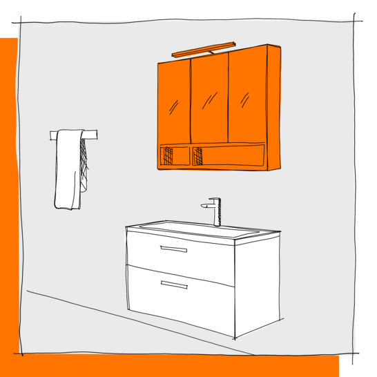 Die Illustration zeigt ein Badezimmer mit einem weißen Waschtisch und einem orangefarbenen Spiegelschrank mit Beleuchtung. An der Wand befindet sich ein Handtuchhalter. Illustration Spiegelschrank