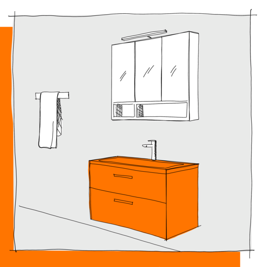 Die Illustration zeigt ein Badezimmer mit einem orangefarbenen Waschtisch und einem darüber hängenden Spiegelschrank mit Beleuchtung. An der Wand ist ein Handtuchhalter angebracht. Illustration Möbelwaschtisch