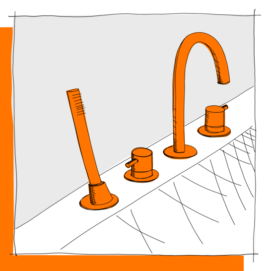 Eine Skizze zeigt eine Waschtischarmatur mit orangefarbenen Elementen. Es gibt einen hohen Auslauf, zwei Drehknöpfe und eine Handbrause. Der Waschtisch hat ein gekacheltes Muster. Illustration Badewanne Armaturen