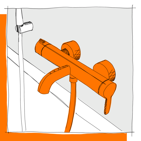 Die Illustration zeigt eine Badewannenarmatur Aufputz in Orange mit einem Hebelgriff und einer Duschhalterung an der Wand Illustration Armaturen Badewanne Aufputz