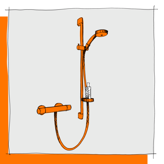 Die Illustration zeigt eine orangefarbene Duschvorrichtung mit Handbrause, verstellbarer Stange, Wasserhahn und kleinem Korb für Duschutensilien.
 Illustration Dusche Aufputz