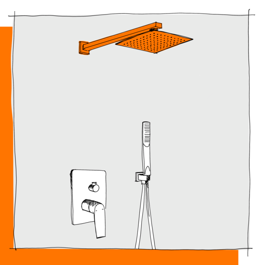 Die Illustration zeigt eine Dusche mit einem orangefarbenen, quadratischen Regenduschkopf. Darunter befindet sich eine Handbrause und ein Mischhebel. Illustration Dusche Kopfbrause