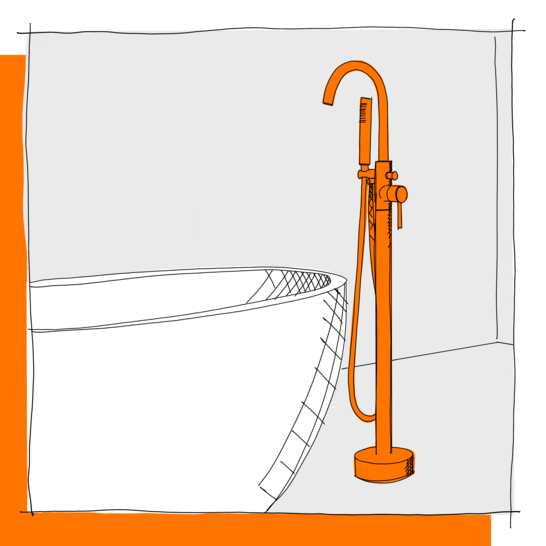 Die Illustration zeigt einen Teil einer weißen Badewanne mit einem markanten, orangefarbenen Duschkopf und Wasserhahn daneben. Illustration Badewanne Standarmatur