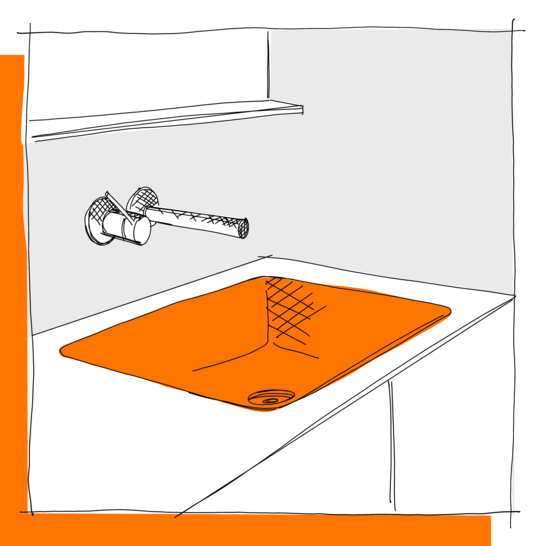 Die Illustration zeigt ein unterbau Waschbecken in Orange mit einem schlichten Wasserhahn. Darüber befindet sich ein Regal, alles in einem minimalistischen Stil. Illustration Waschtisch-Unterbaubecken