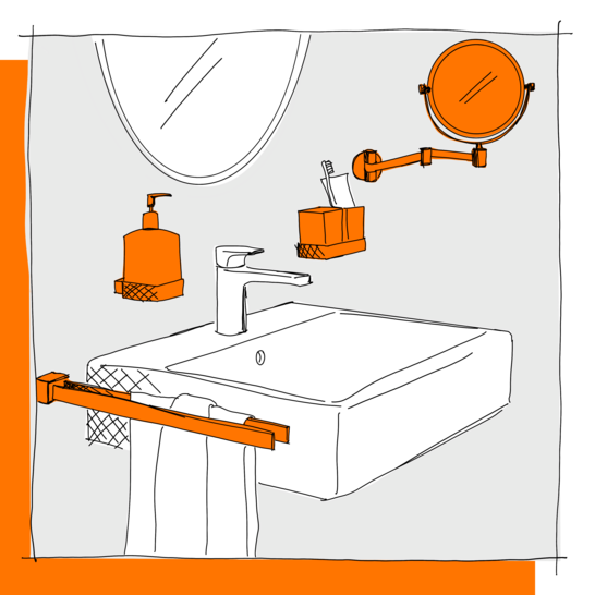 Eine Skizze zeigt ein Badezimmer mit Waschbecken, ovalem Spiegel, Seifenspender, Zahnbürstenhalter, Vergrößerungsspiegel und Handtuchhalter. Illustration Accessoires - Waschtisch