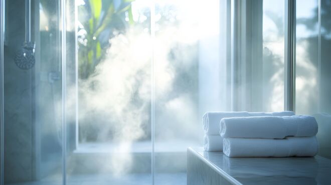 Ein dampfendes Badezimmer mit gefalteten weißen Handtüchern und viel natürlichem Licht von großen Fenstern.