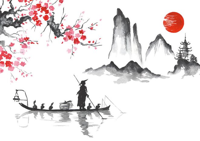 Asiatische Tuschezeichnung zeigt Fischer auf Boot, Berge, roten Sonnenkreis, Blütenzweige links und eine Pagode rechts. Harmonische Landschaft. Asiatische Tuschezeichnung zeigt Fischer auf Boot, Berge, roten Sonnenkreis, Blütenzweige links und eine Pagode rechts. Harmonische Landschaft.