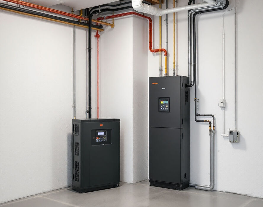 Ein Heizraum mit zwei schwarzen Geräten, verbunden durch bunte Rohre an der Decke, und digitalem Display für einfache Bedienung. Heizrauminstallation